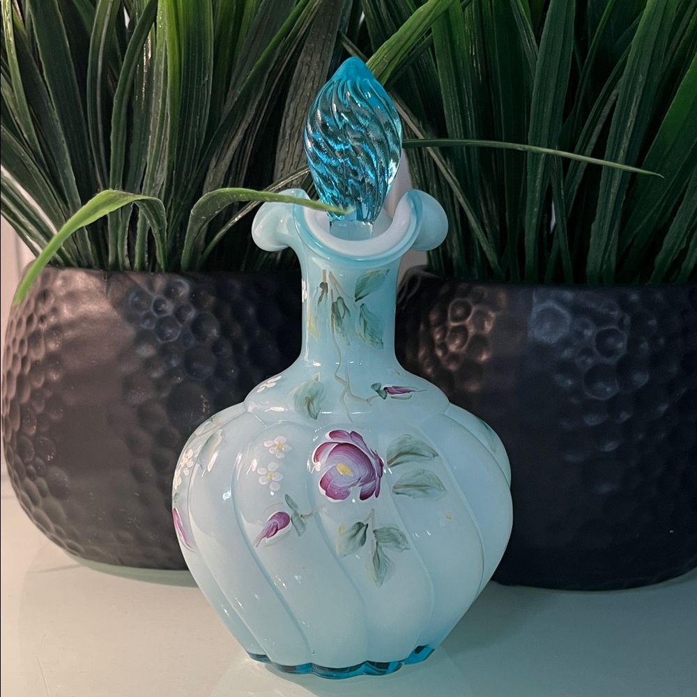 Fenton Light Aqua Blue Hand-Painted Glass Perfume Bottle with Turquoise Accent